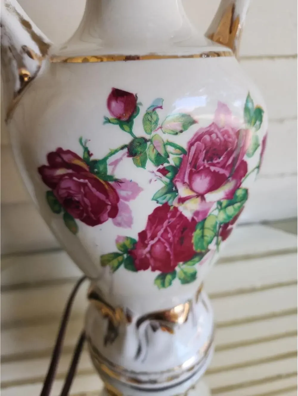 Hand Painted Roses Gold Gilding Floral Jenny Worrall  Porcelain Table Lamp